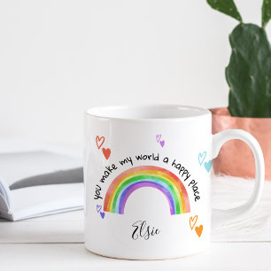 Happy Place Rainbow and Colourful Hearts Coffee Mug