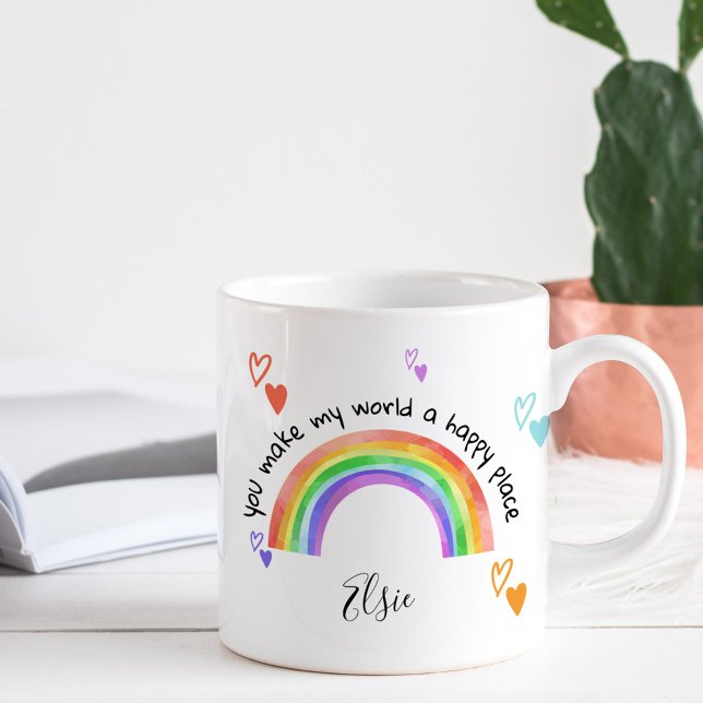 Happy Place Rainbow and Colourful Hearts Coffee Mug (Happy Place rainbow mug - ideal teacher gift, appreciation gift ..)
