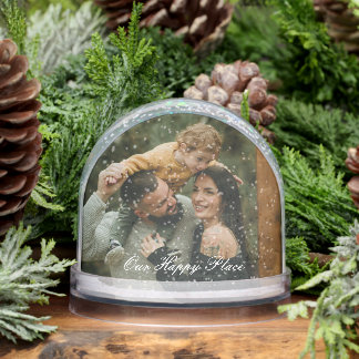 Happy Place Simple Modern Script 2 Family Photo Snowglobe