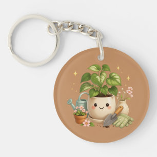 Happy Plant Pot with Flowers & Garden Tools Key Ring