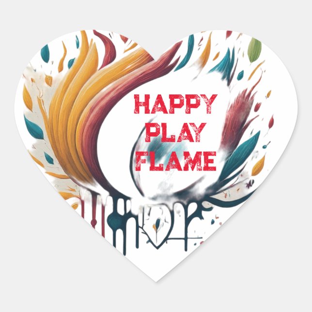 Happy Play Flame Design Heart Sticker (Front)