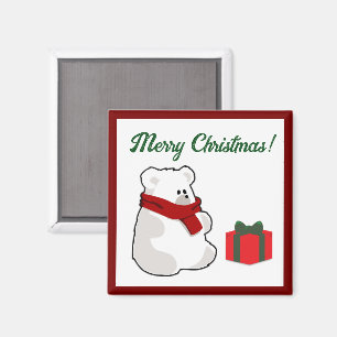 Happy Polar Bear in Red Scarf, Christmas Cartoon Magnet