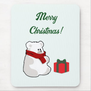 Happy Polar Bear in Red Scarf, Christmas Cartoon Mouse Pad