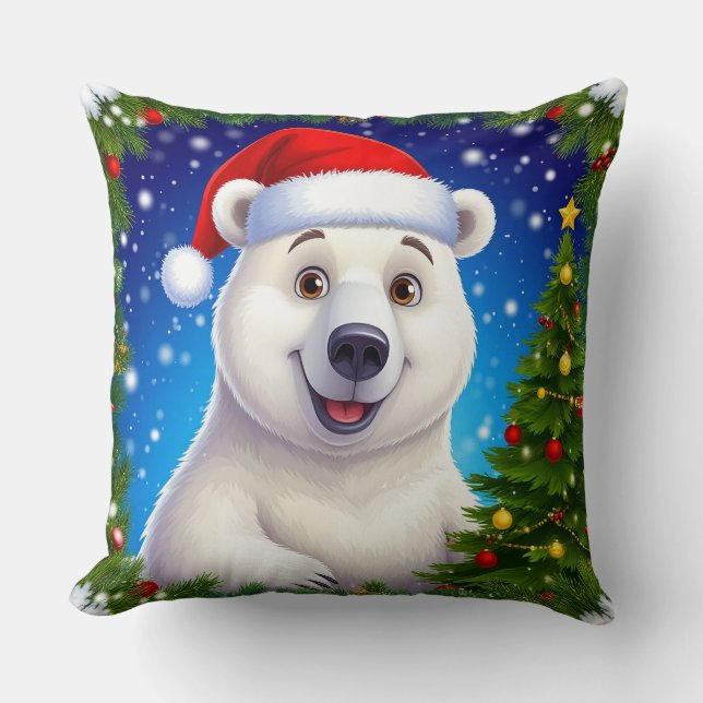 Happy Polar Bear in Santa Hat Cushion (Front)
