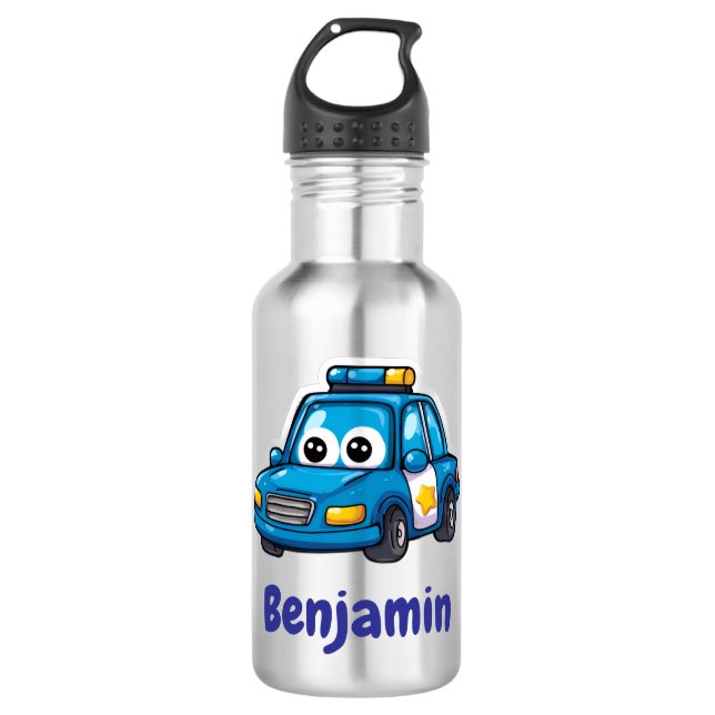 Happy Police Car, Boys, Personalised Water Bottle (Front)