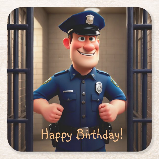 Happy Policeman Birthday Square Paper Coaster (Front)