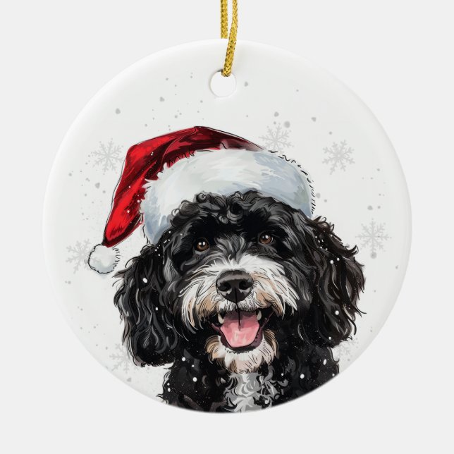 Happy Portuguese Water Dog Christmas Personalized Ceramic Ornament (Front)