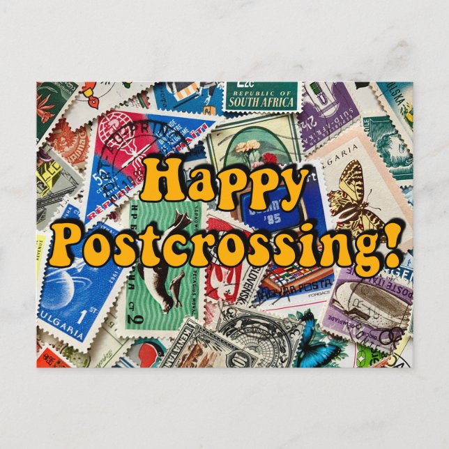 Happy Postcrossing! Vintage Stamp Collage Postcard (Front)