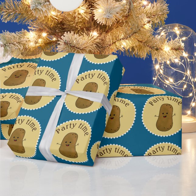 Happy Potato Party Time Ocean Blue Wrapping Paper (Holidays)