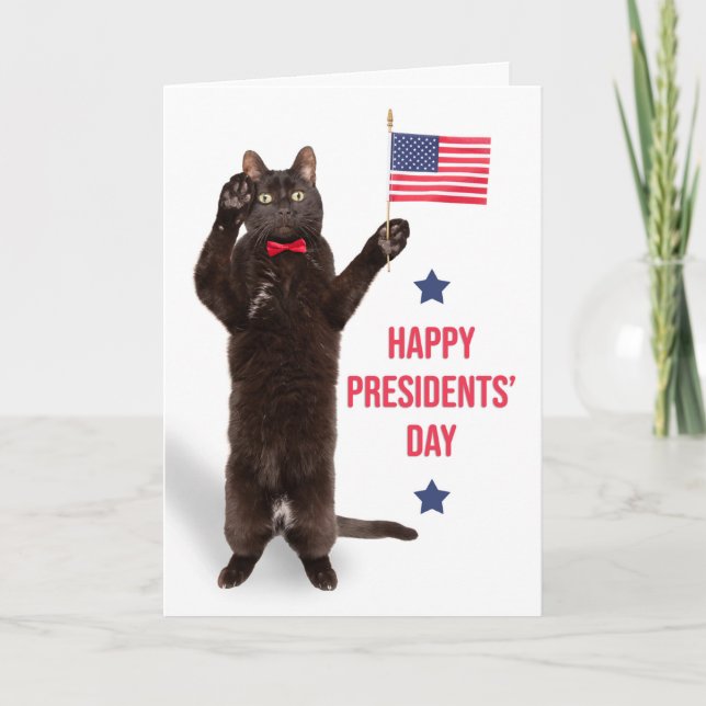 Happy Presidents' Day Cat Saluting With Flag Humor Holiday Card (Front)