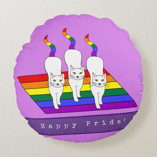 Happy Pride LGBT Cats With Rainbow Flag Round Cushion (Front)
