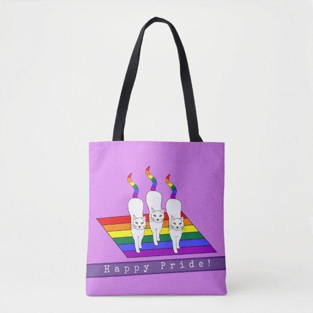 Happy Pride LGBT Cats With Rainbow Flag Tote Bag (Front)