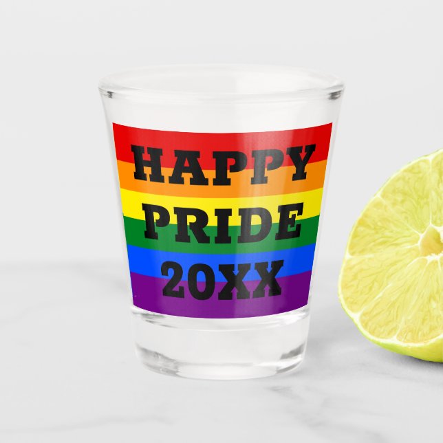Happy Pride with Year Gay LGBTQ Rainbow Flag Shot Glass (Front)