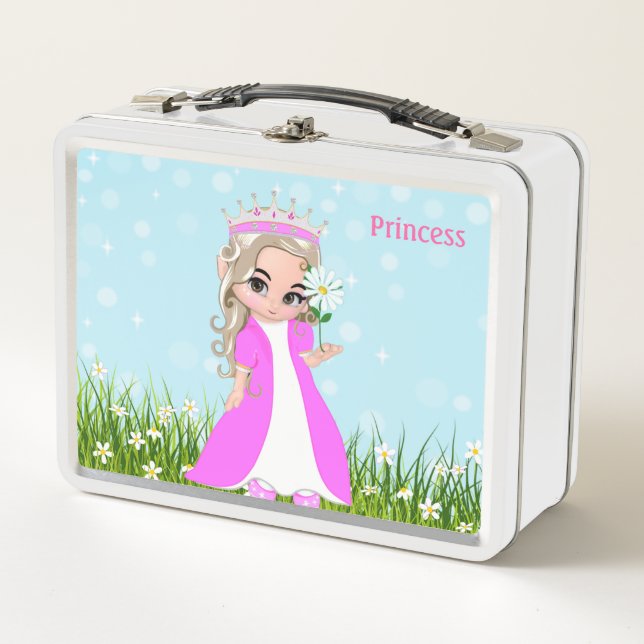 Happy Princess Dressed in Pink and Flowers Metal Lunch Box (Front)
