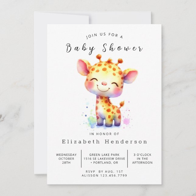 Happy Printable Giraffe Baby Shower Invitation (Front)