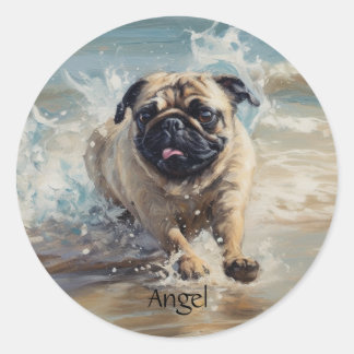 Happy Pug at the Beach customisable Classic Round Sticker