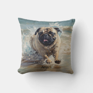 Happy Pug at the Beach customisable Cushion