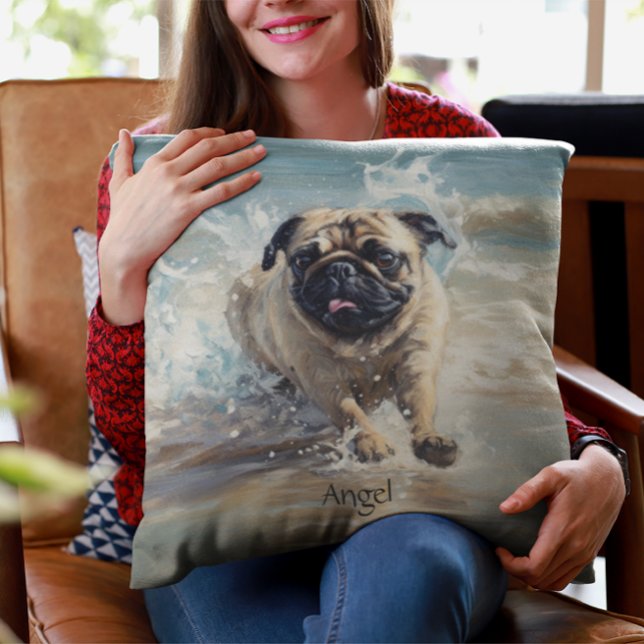 Happy Pug  at the Beach customisable Cushion (Creator Uploaded)