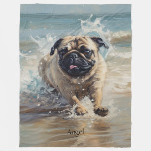 Happy Pug at the Beach customisable Fleece Blanket