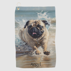 Happy Pug at the Beach customisable Golf Towel