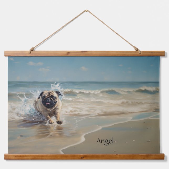 Happy Pug  at the Beach customisable Hanging Tapestry (Front)