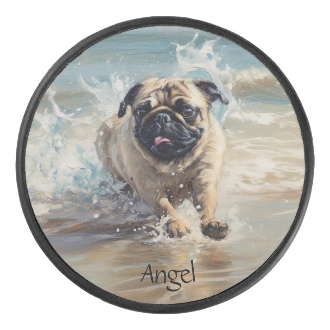 Happy Pug  at the Beach customisable Hockey Puck (Front)