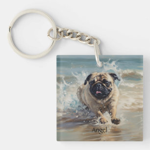 Happy Pug  at the Beach customisable Key Ring
