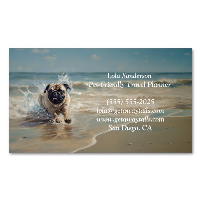 Happy Pug  at the Beach customisable Magnetic Business Card (Front)