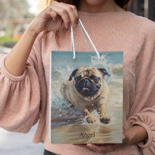Happy Pug  at the Beach customisable Medium Gift Bag
