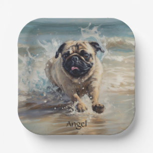 Happy Pug at the Beach customisable Paper Plate