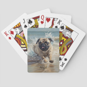 Happy Pug  at the Beach customisable Playing Cards