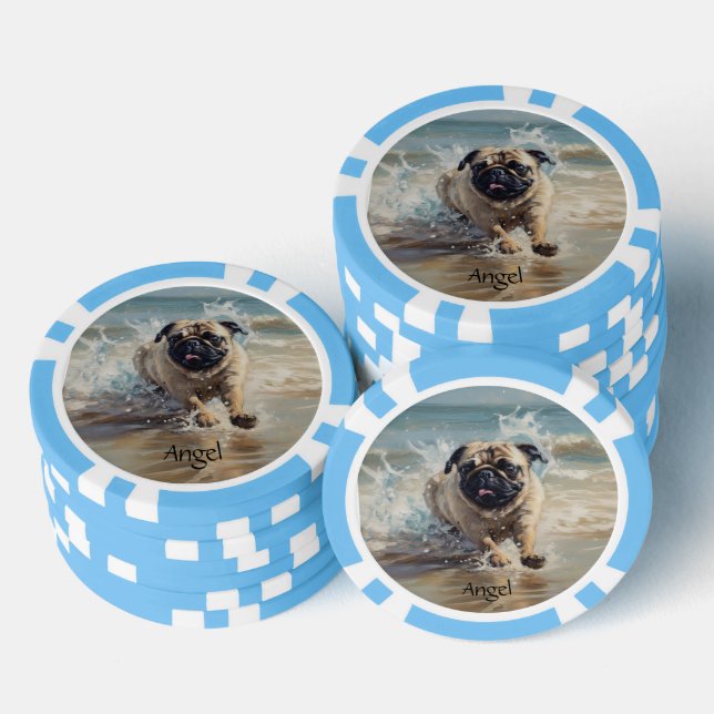 Happy Pug  at the Beach customisable Poker Chips (Stack)