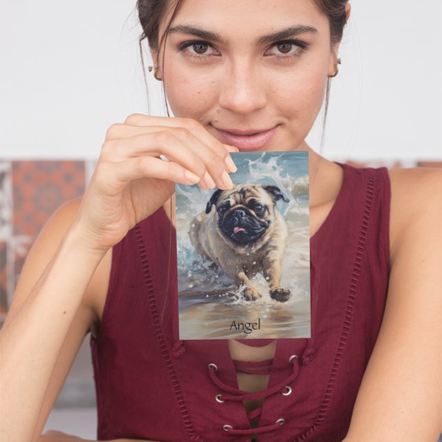 Happy Pug  at the Beach customisable Postcard (Creator Uploaded)