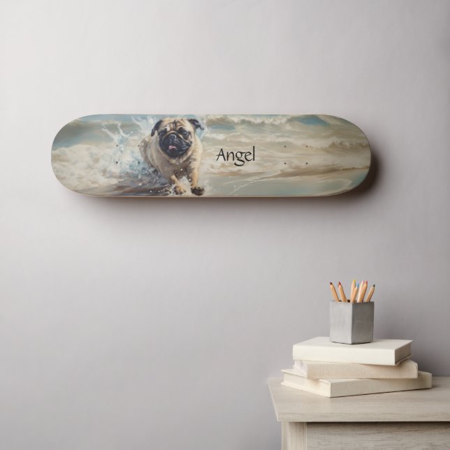 Happy Pug  at the Beach customisable Skateboard (Wall Art (Horz))
