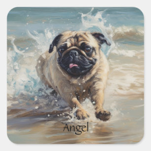 Happy Pug  at the Beach customisable Square Sticker
