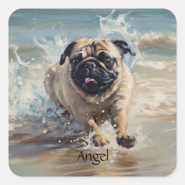 Happy Pug  at the Beach customisable Square Sticker (Front)