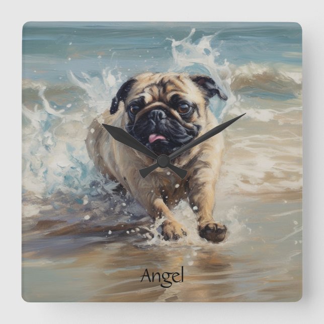 Happy Pug  at the Beach customisable Square Wall Clock (Front)