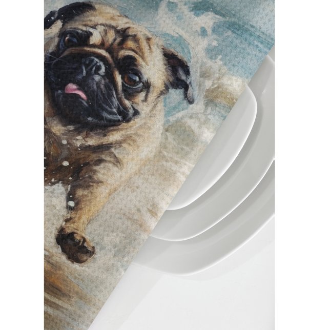 Happy Pug  at the Beach customisable Tea Towel (Creator Uploaded)