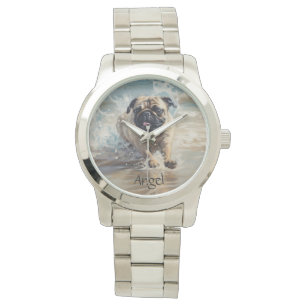 Happy Pug at the Beach customisable Watch