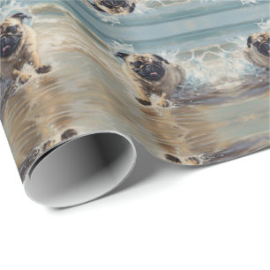 Happy Pug at the Beach customisable Wrapping Paper