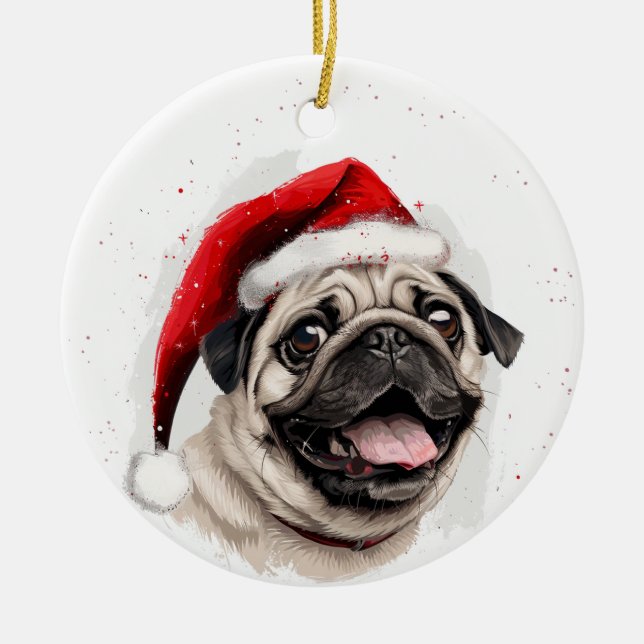 Happy Pug Dog Christmas Personalised Ceramic Ornament (Front)