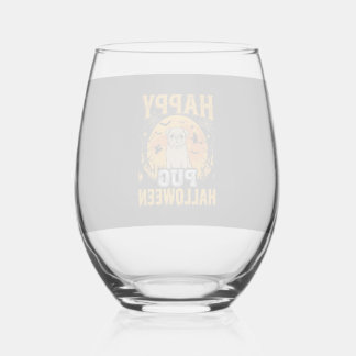 Happy Pug Halloween Spooky Dog Design_1 Stemless Wine Glass