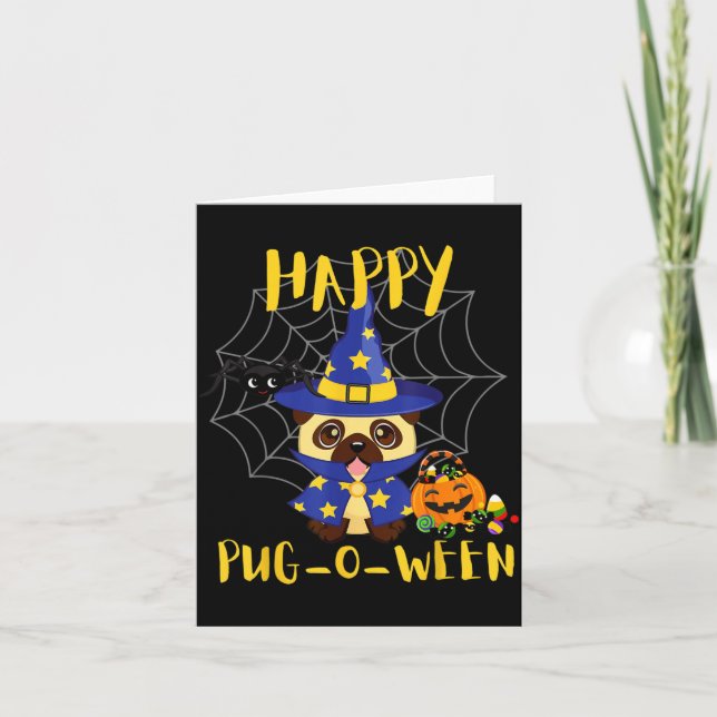Happy Pug-O-Ween Funny Dog Pug Halloween Card (Front)