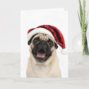 Happy Pug Wearing Sparkly Red Santa Hat Christmas Holiday Card