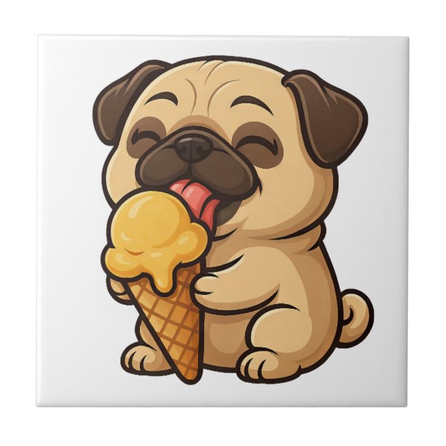 Happy pug with ice cream summer cartoon ceramic tile (Front)
