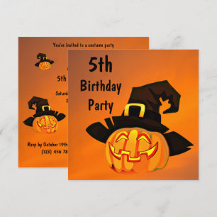 Happy Pumpkin In Witches Hat 5th Birthday Invitation