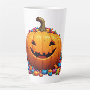 Happy Pumpkin Surrounded By Trick Or Treat Candy  Latte Mug