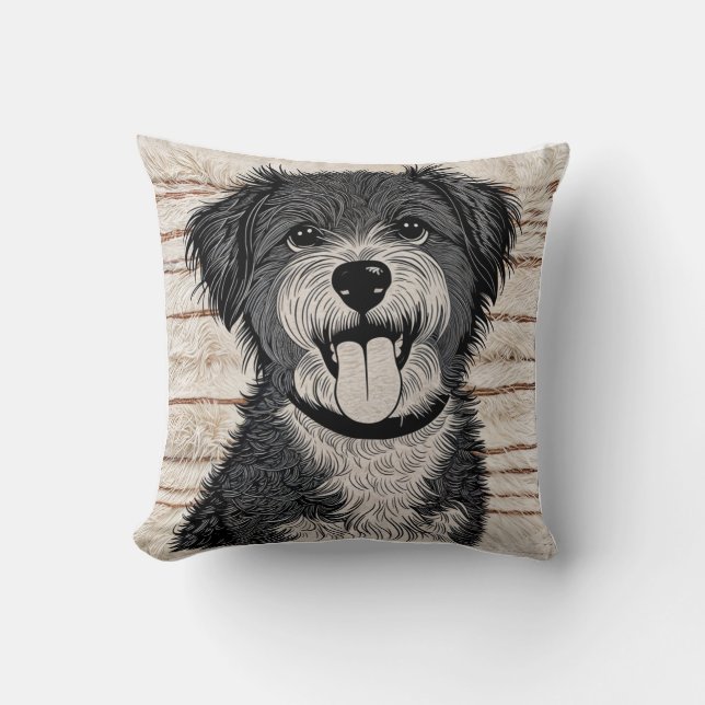 “Happy Pup” Black and White Dog Throw Pillow (Front)