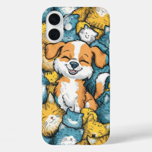 Happy Pup in a Sea of Cats iPhone 16 Plus Case
