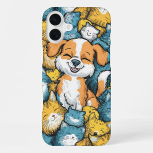 Happy Pup in a Sea of Cats iPhone 16 Plus Case